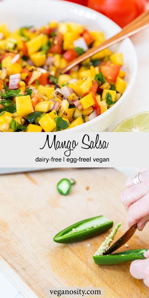 A Pinterest pin for mango salsa with a picture of the salsa in a white bowl and a hand coring a jalapeno pepper.