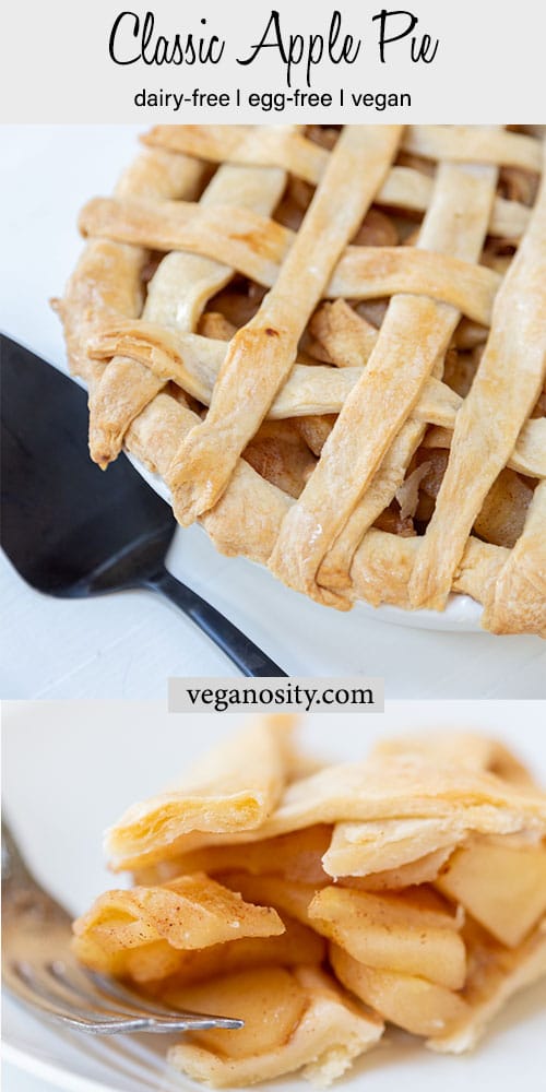A Pinterest pin for vegan apple pie with the picture of a slice of pie and a whole pie with a lattice top.