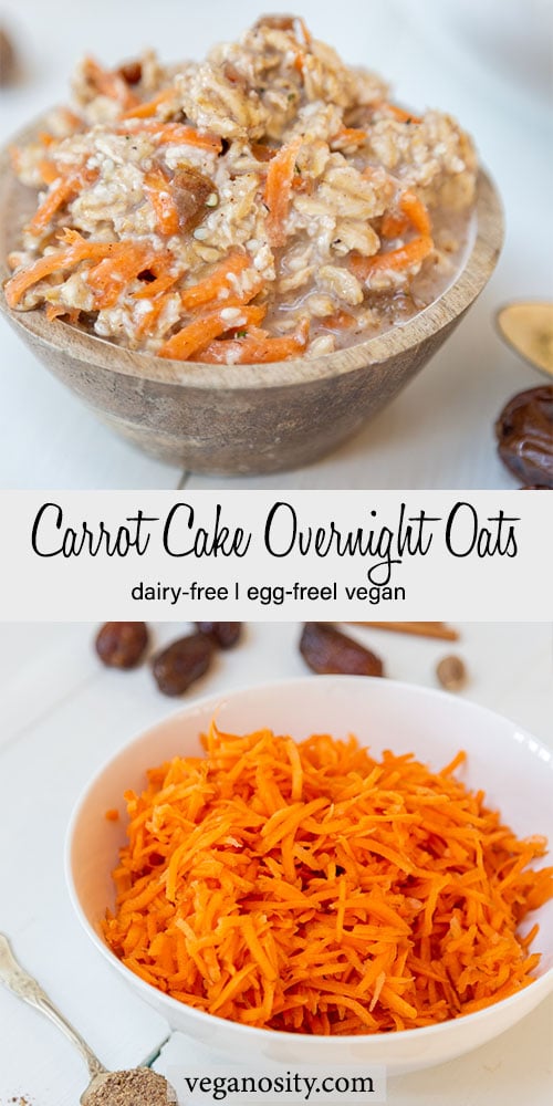 A PInterest pin for vegan carrot cake overnight oats with a picture of the oats and a bowl of shredded carrots.