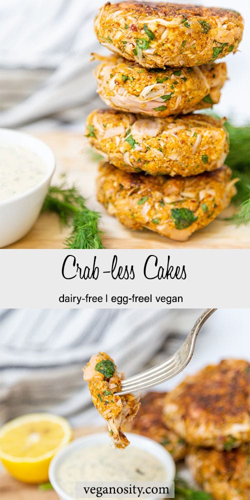 A Pinterest pin for vegan crab cakes with a picture of a stack of 4 cakes and a picture of a fork with a piece of the crab cake dipping into a bowl of white sauce.