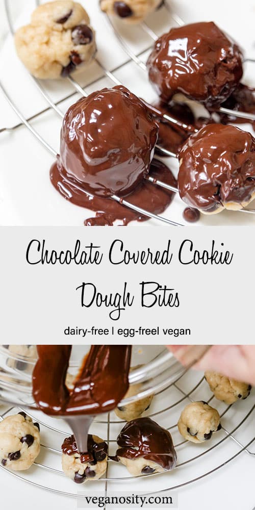 A Pinterest pin for chocolate covered cookie dough bites with pictures of the bites.