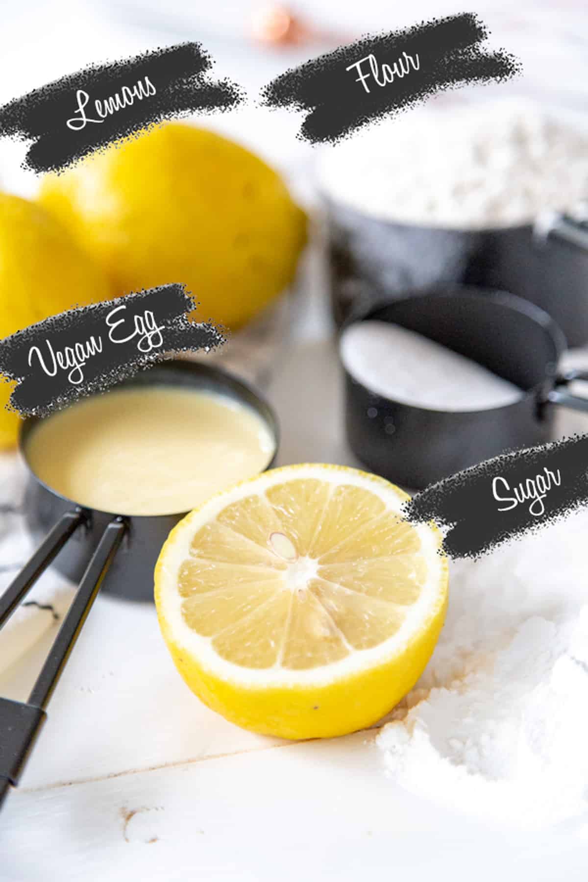 Ingredients for lemon pie with black and white labels next to each ingredient.