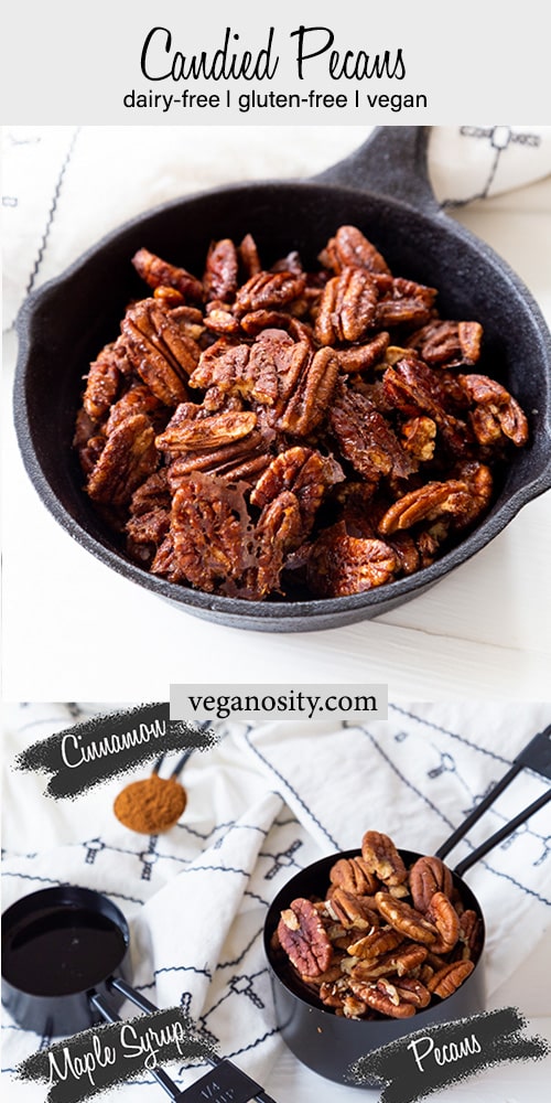 A PInterest pin for Roasted Cinnamon Candied Pecans with a picture of the pecans in an iron skillet and an ingredients picture.