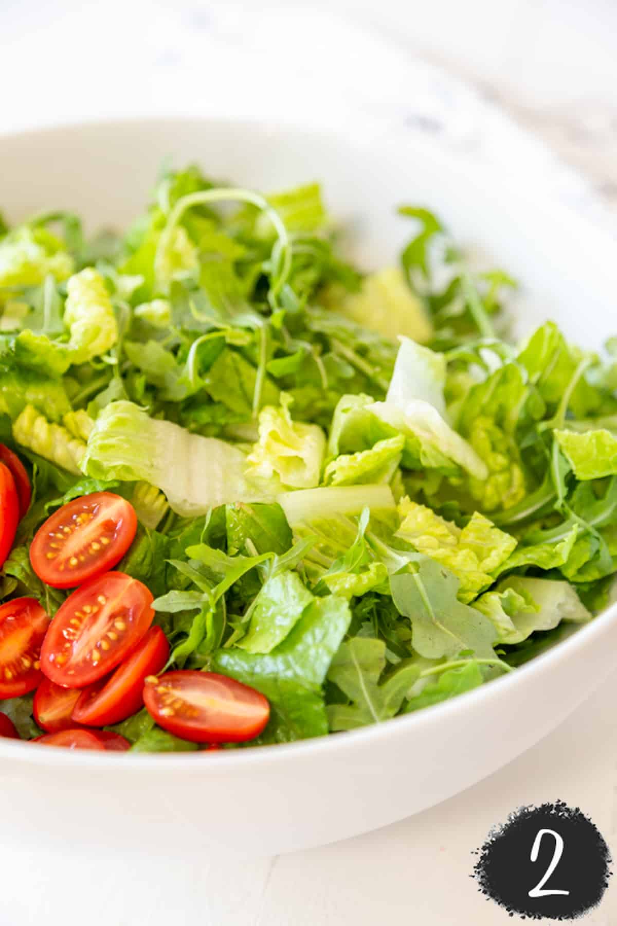 A white salad bowl with chopped romaine lettuce and cherry tomatoes cut in half.