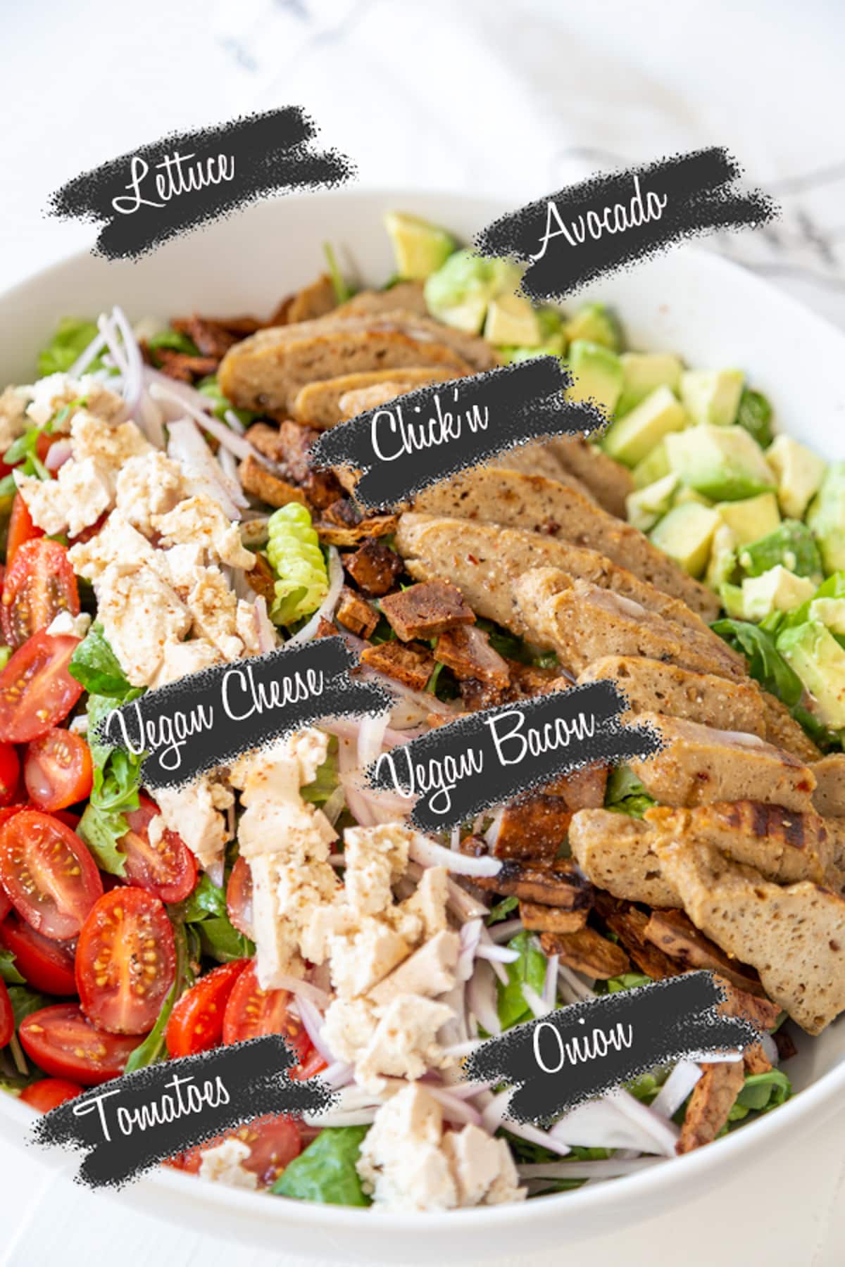 A picture of a Cobb salad with the ingredients labeled.