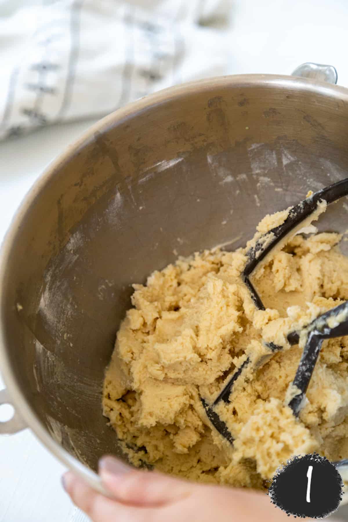 A mixing bowl with snickerdoodle cookie batter.