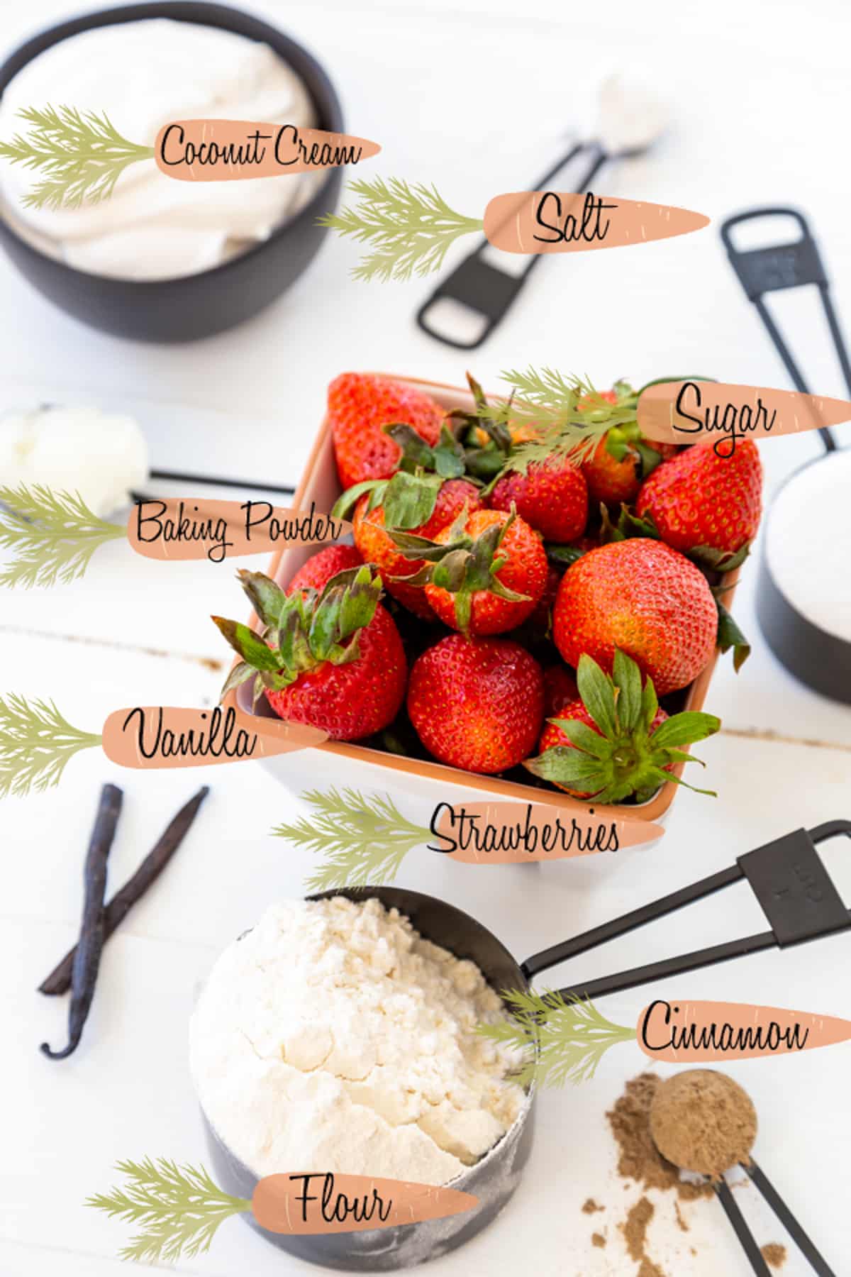 Ingredients for vegan strawberry shortcake that are labeled.