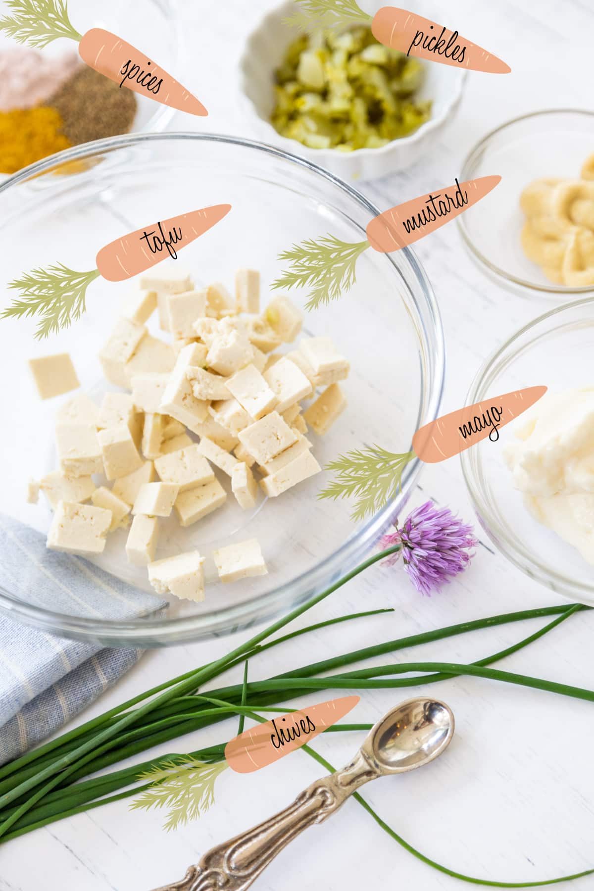 A labeled photo of ingredients for vegan egg salad.