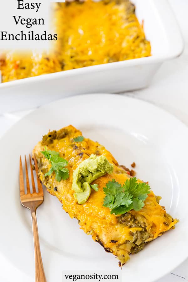 A Pinterest pin for vegan enchiladas.