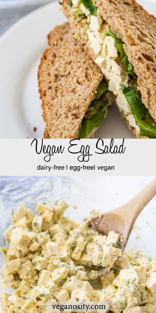 A Pinterest pin for vegan egg salad with a picture of a sandwich and the salad in a bowl.