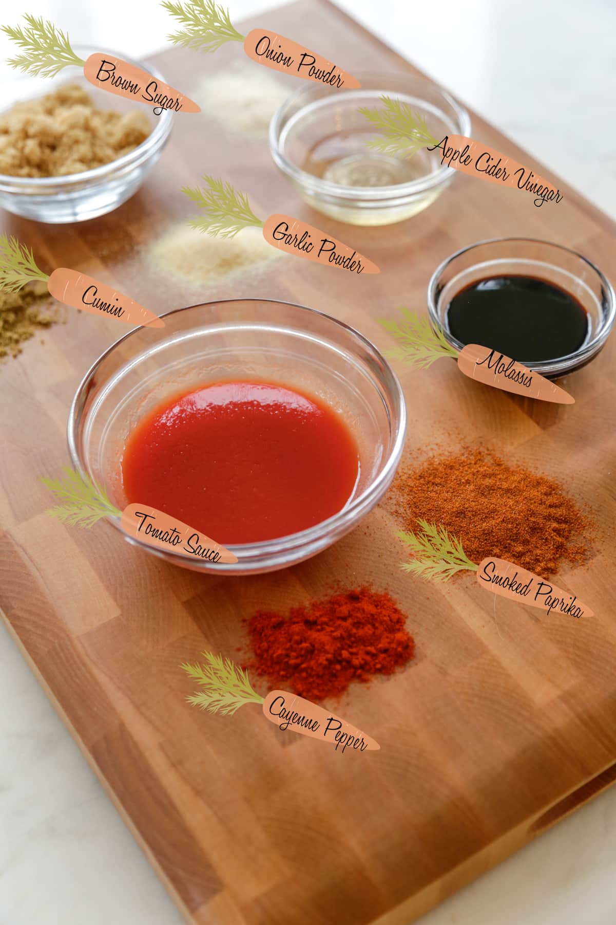 Ingredients for homemade BBQ sauce on a wood board.