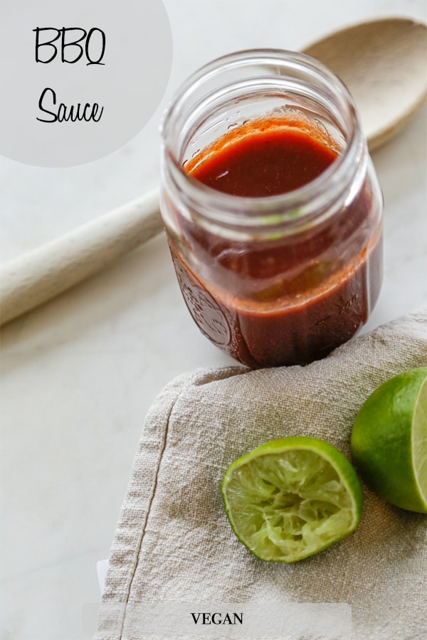 A Pinterest pin for homemade vegan bbq sauce with a picture of the sauce.