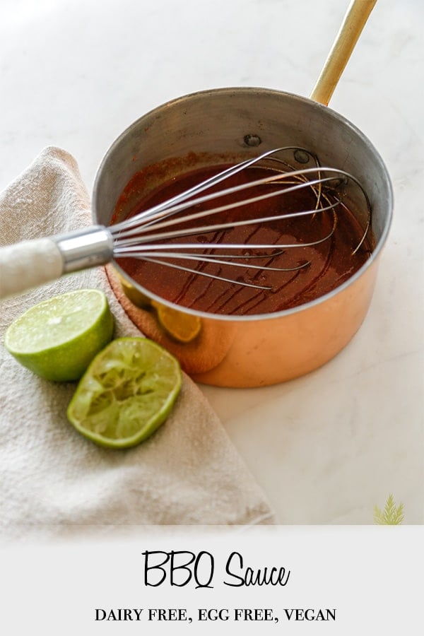 A Pinterest pin for homemade bbq sauce with a picture of the sauce in a pan.