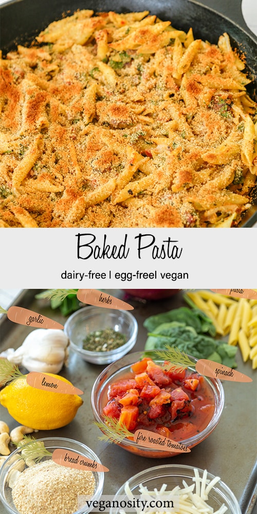A Pinterest pin for vegan baked pasta with a picture of the ingredients and finished recipe.