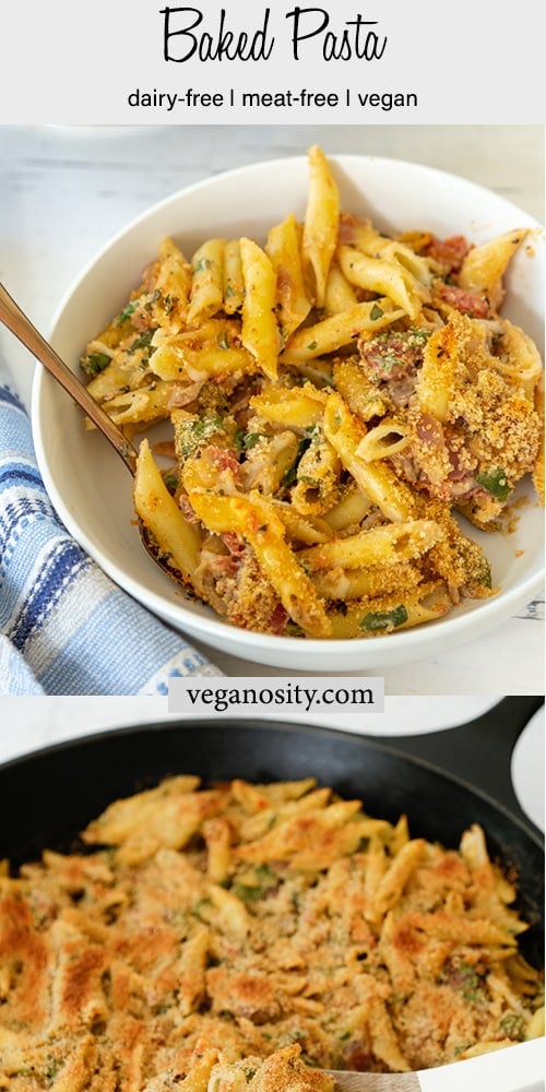 A Pinterest pin for vegan baked pasta.