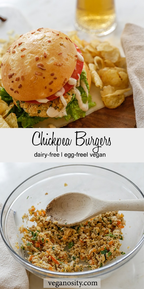 A Pinterest pin for chickpea burgers with a picture of the burger and the batter in a mixing bowl.