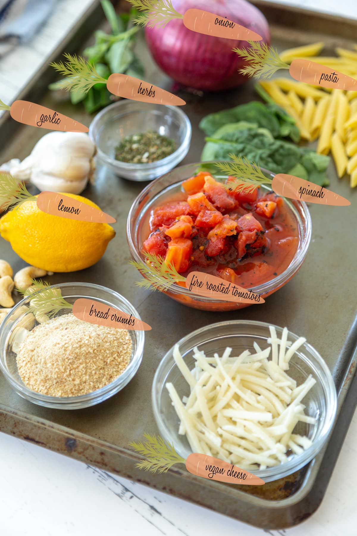 Ingredients for baked penne pasta casserole.